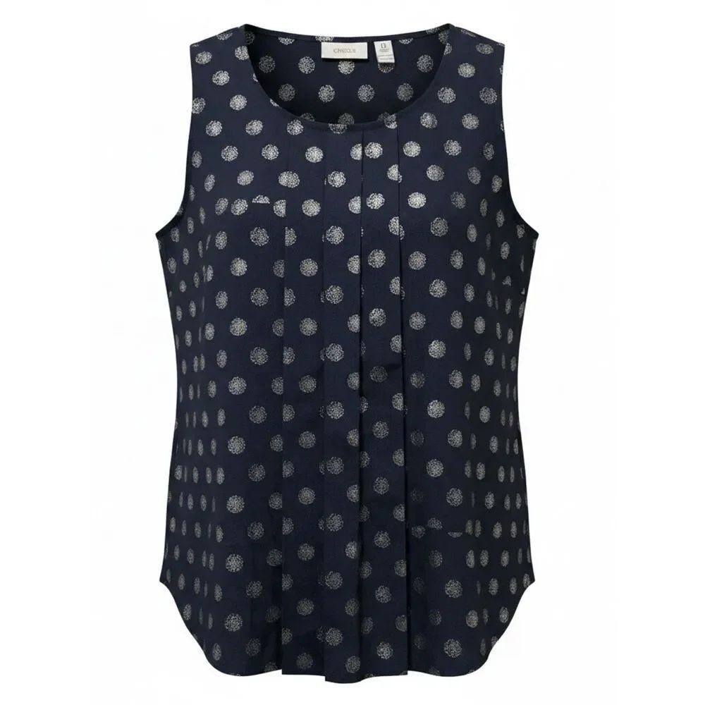 Chico’s Blouse Womens Size S Navy Blue Sleeveless Metallic Polka Dot